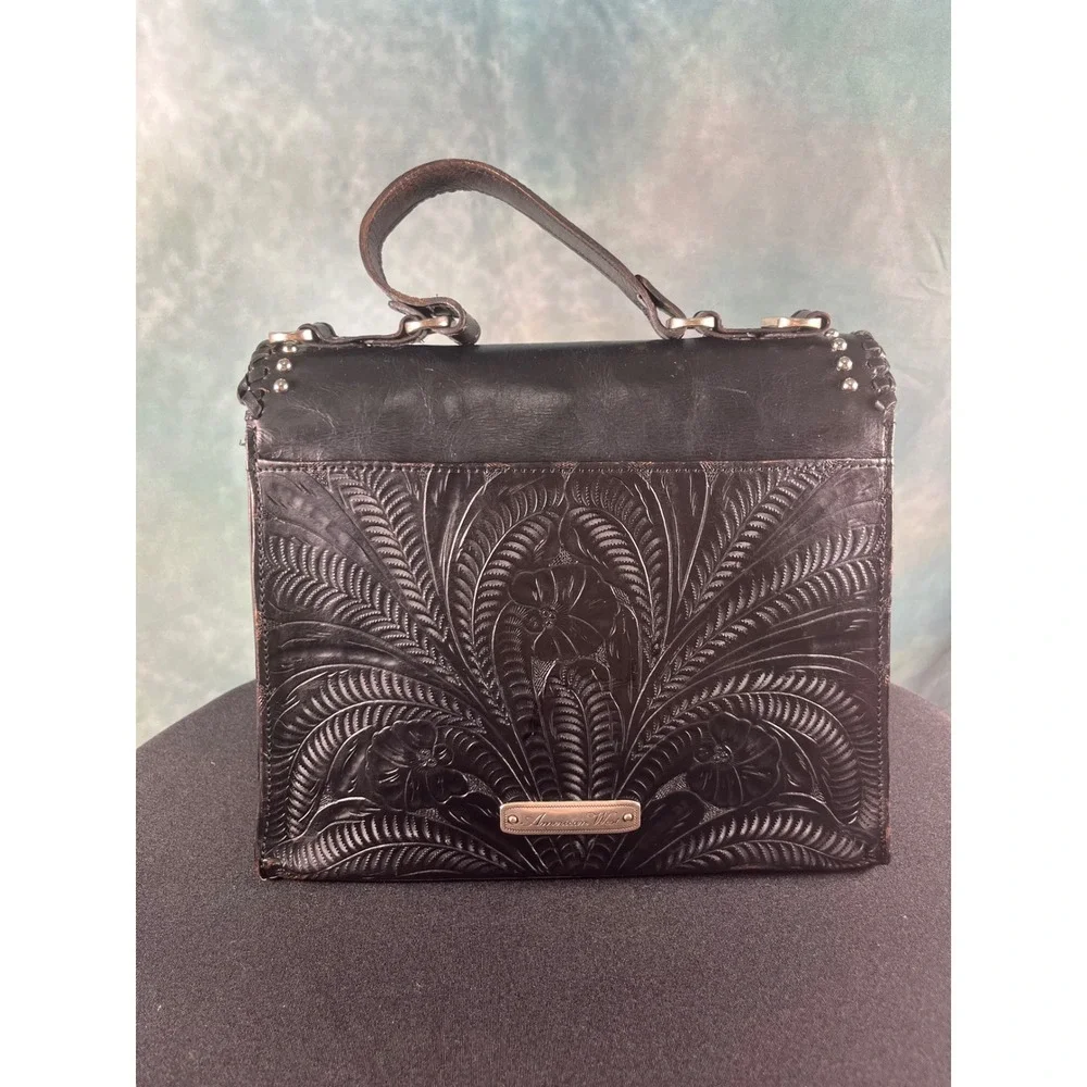 American West Black Hand Tooled Leather Studded Floral Top Handle‎ Handbag Bag